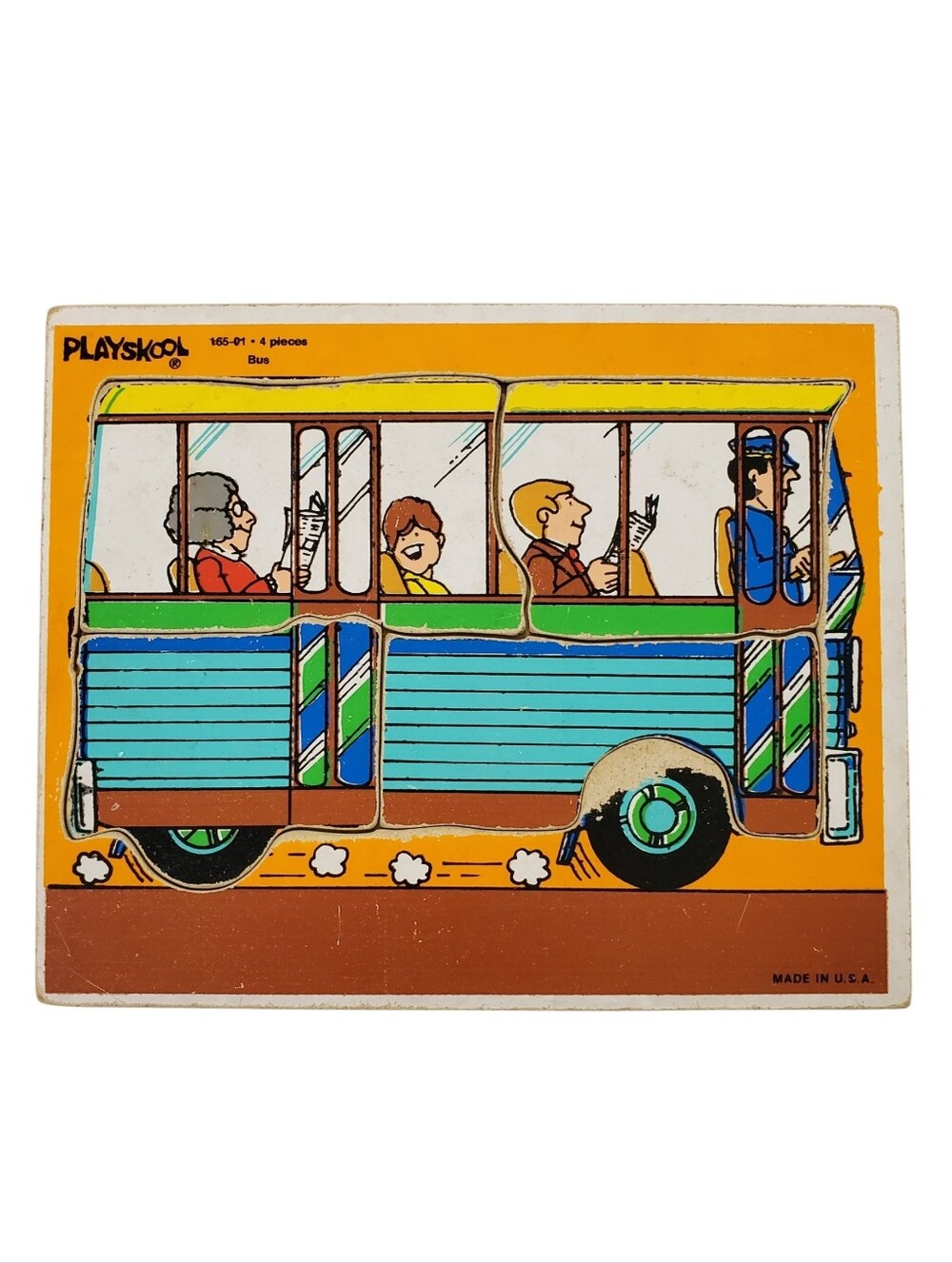 🟢 VTG Playskool Transit Bus Wooden Tray Puzzle 165-01 4pc Made in USA